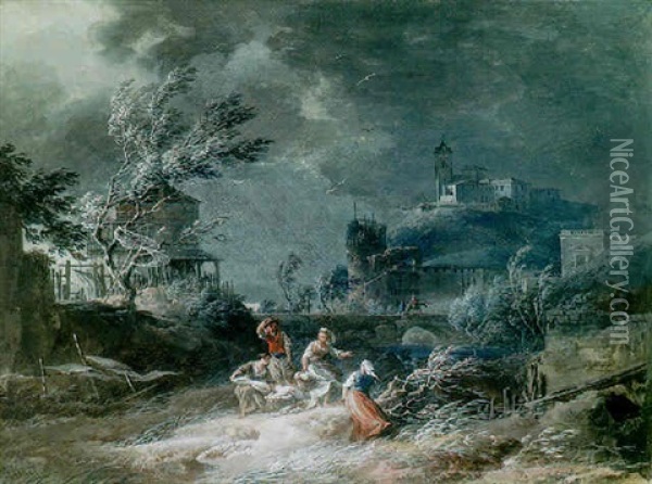 Washerwomen Surprised By A Storm Outside The Walls Of A City Dominated By A Castle Oil Painting - Alexandre Jean Noel