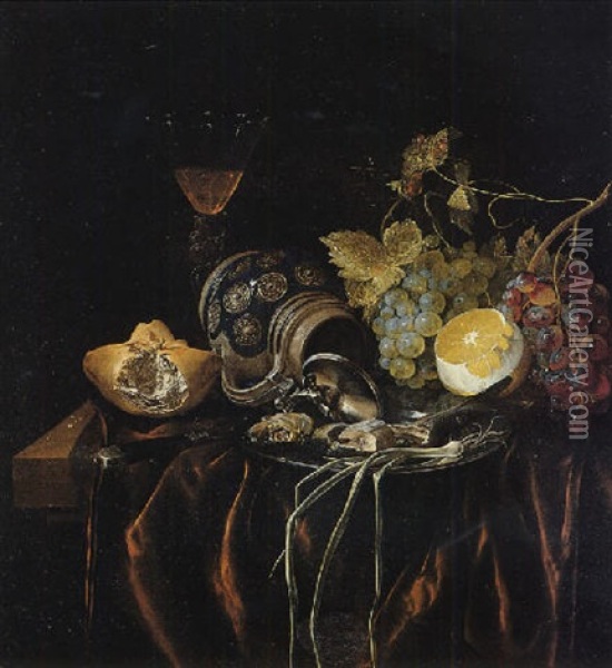 A Still Life Of Siegburger Kanne, Herring And A Spring Onion On A Silver Plate, Grapes, A Peeled Lemon, A Bread Roll And A Glass With Wine Oil Painting - Cornelis van Lelienbergh