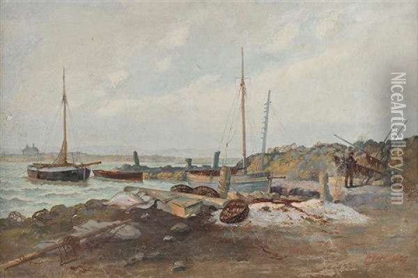 Mending Nets, Groomsport Oil Painting - William Docherty Weir