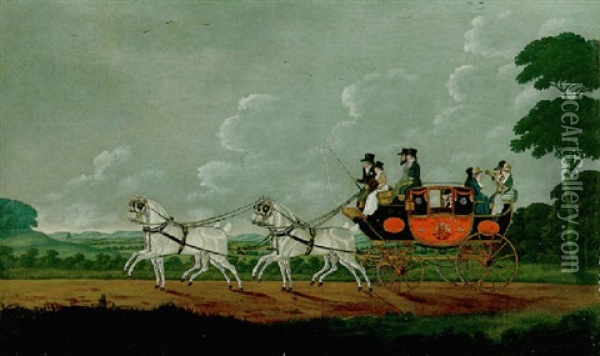 The Cambridge To Charing Cross Mail Coach On A Road, In An Extensive Landscape Oil Painting - John Cordrey