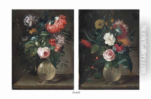 A Rose, A Marigold, Convolvulus And Other Flowers In A Glass Vase On A Stone Ledge And A Rose, A Poppy, Buttercups And Other Flowers (pair) Oil Painting - Thomas Keyse