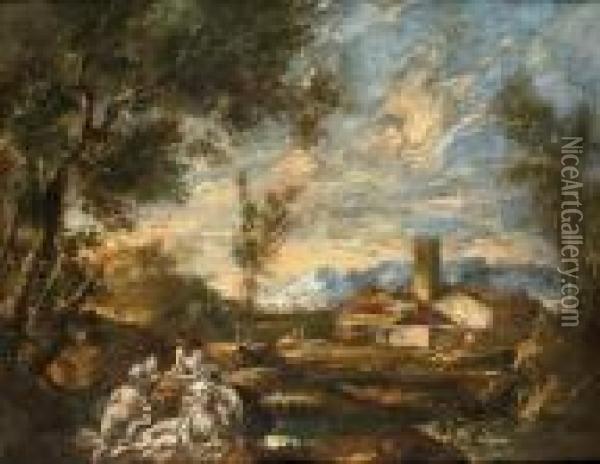 Monks In An Italianate Landscape Oil Painting - Alessandro Magnasco