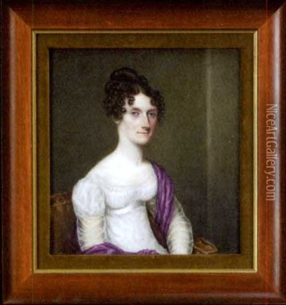 Portrait Of A Lady Attired In An Empire-style White Gown With Aubergine Sash, Seated Upon A Canape Oil Painting - William Corden