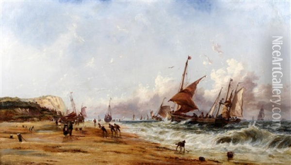 Wind Off Shore, Fishing Boats Beaching Oil Painting - John Callow