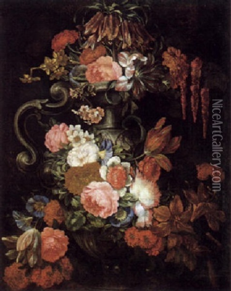 Ein Blumenstraus Von Rosen, Tulpen, Wicken Und Anderen Bluten In Einer Ornamental Verzierten Prunkvase Oil Painting - Jan-Baptiste Bosschaert