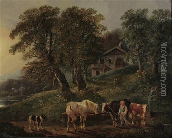 Hirtenjunge Mit Tieren An Der Tranke Oil Painting - Johann Georg Volmar