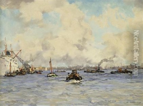 A Busy Harbor Oil Painting - Johan Hendrik van Mastenbroek