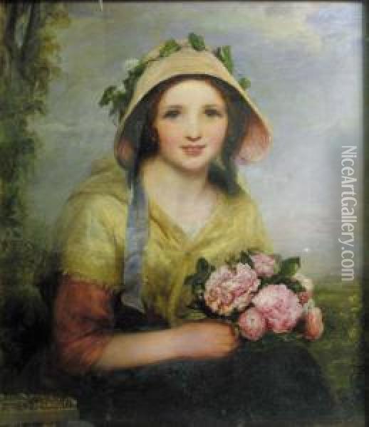 R.h.a. A Girl In A Bonnet, Holding A Bunch Of Flowers Oil Painting - Richard Rothwell