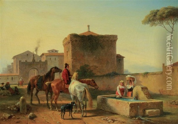 Untitled - At The Watering Trough Oil Painting - Guillaume Frederique Ronmy