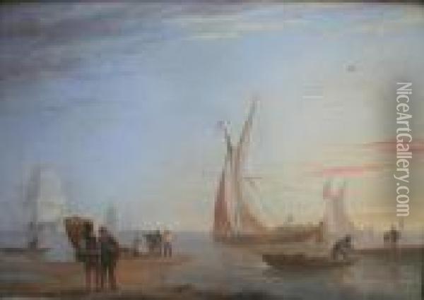 Coastal Scene At Evening Signed And Dated 1842 Oil Painting - Joseph Walter