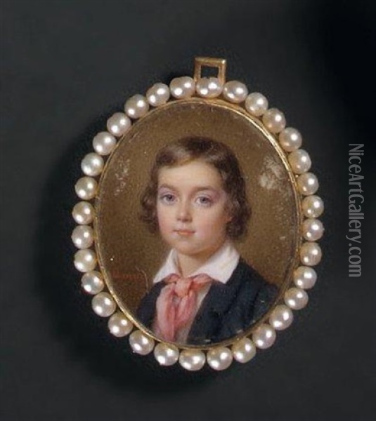 Portrait D'un Jeune Garcon En Veste Bleue Et Foulard Rose Oil Painting - Francois Meuret