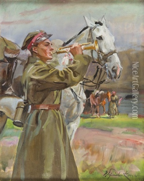 Bugler With A Horse Oil Painting - Woiciech (Aldabert) Ritter von Kossak