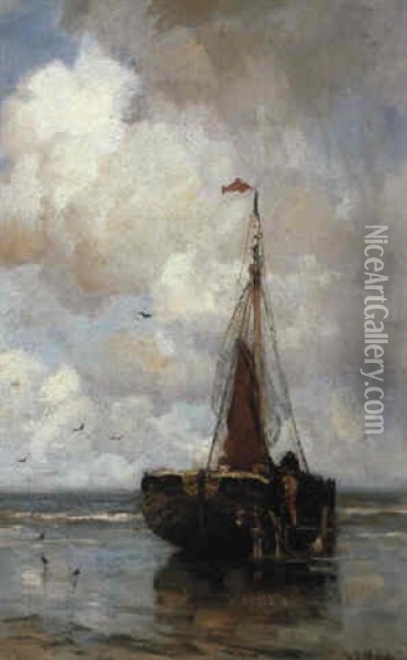 A Beached Bomschuit At Scheveningen Oil Painting - Jacob Henricus Maris