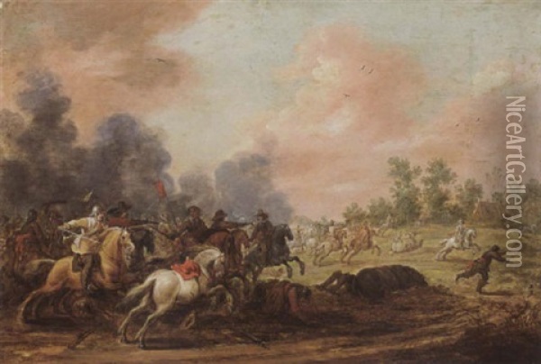 A Cavalry Battle Scene On An Open Field Near A Farm Oil Painting - Pieter Meulener