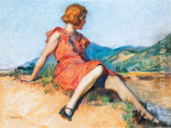 Girl Sitting On A Hill In Red Dress Oil Painting - Janos Thorma