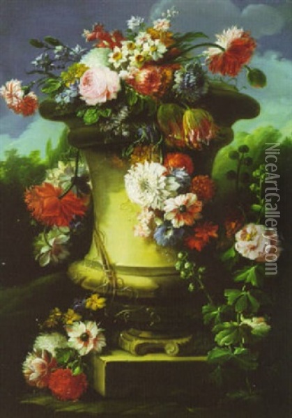 Still Life With Flowers In A Stone Urn On A Stone Pedestal  In A Landscape Oil Painting - Gasparo Lopez