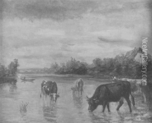 Kuhe Am Wasser Oil Painting - Julius Kornbeck