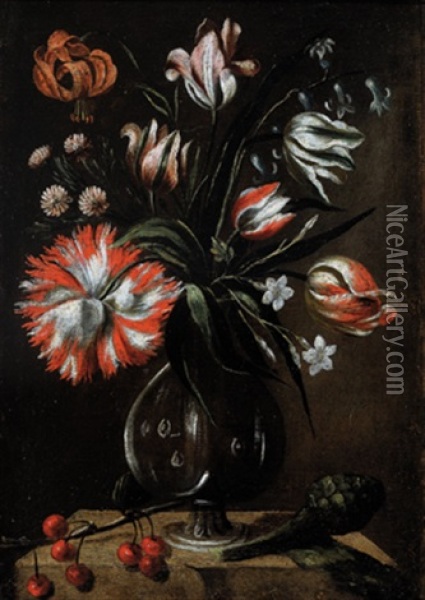 Blumenvase, Kirschen Und Artischocke - Vaso Di Fiori, Ciliege E Carciofo Oil Painting - Tommaso Salini
