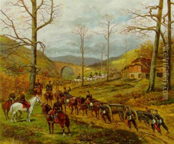 The 90th Battery Of Horse Artillery Moving Up To Rezonville, 1870 Oil Painting - Paul Emile Leon Perboyre