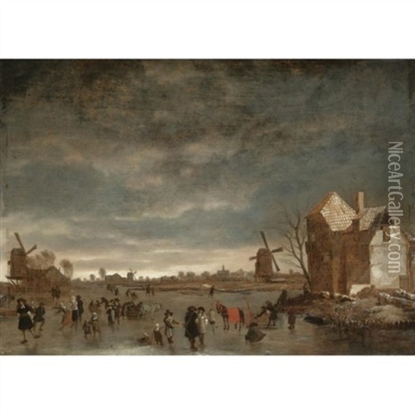 A Winter Landscape With Skaters On A Frozen Lake Oil Painting - Hendrik Jacobsz Dubbels