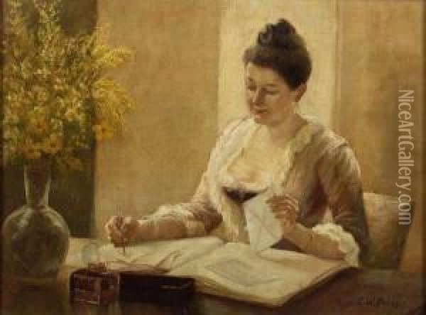 Tending To Her Correspondence Oil Painting - Enoch Wood Perry