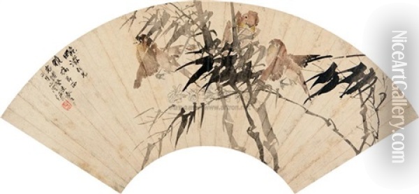 Bird And Bamboo Oil Painting -  Ren Bonian