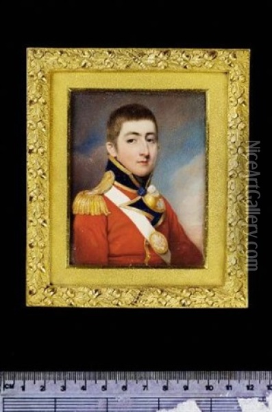 George Gould Morgan Wearing Uniform Of The Coldstream Regiment Of Foot Guards, Scarlet Coat With Gold Trimmed Blue Facings, Gold Epaulette, Belt Plate With Silver Star And The Order Of The Garter Oil Painting - John Cox Dillman Engleheart
