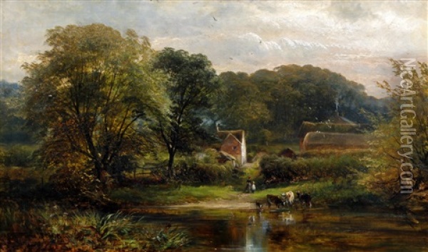 Figure And Cattle By A River By A Farm And Hamlet In A River Valley Oil Painting - David Payne