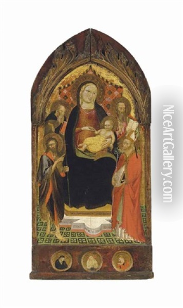 The Madonna And Child Enthroned, With Saints John The Baptist, Anthony Abbot, A Bishop Saint, And An Evangelist, With Roundels Of The Dead Christ, The Virgin Mary And Saint John The Evangelist Oil Painting - Battista Di Biagio Sanguigni