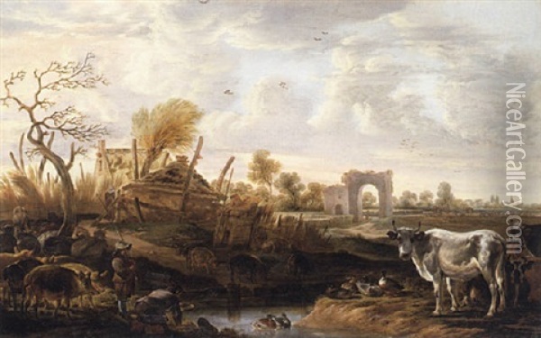 Herdsmen With Pigs, A Cow And Fowl In A Landscape With Farm Buildings And Ruins Beyond Oil Painting - Cornelis Saftleven