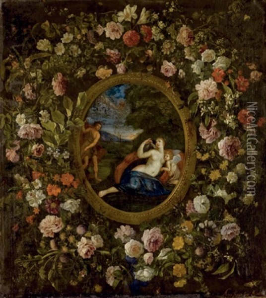 Venus, Apollon Et L'amour Entoures D'une Couronne De Fleurs Oil Painting - Angelo Stanchi