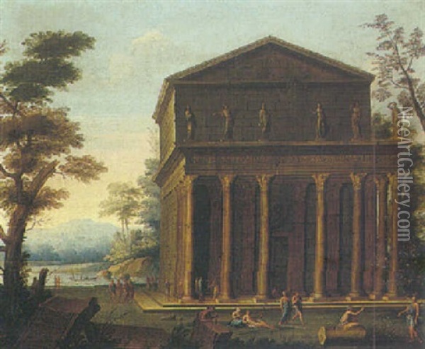 A Classical Landscape Withn Figures Before The Temple Of Antoninus And Faustina Oil Painting - Pierre Antoine Patel