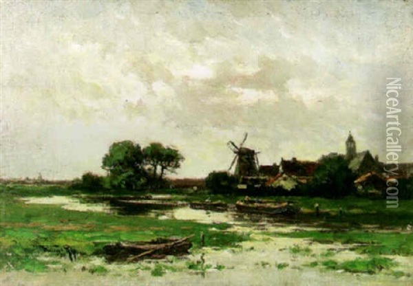 Dutch Landscape With Figures On A Lake And A Village With Windmill Beyond Oil Painting - Willem Cornelis Rip