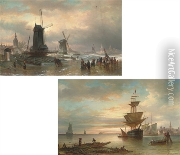 Skating Before Windmills, Amsterdam Beyond (+ Sunrise On The Dutch Coast; Pair) Oil Painting - Elias Pieter van Bommel