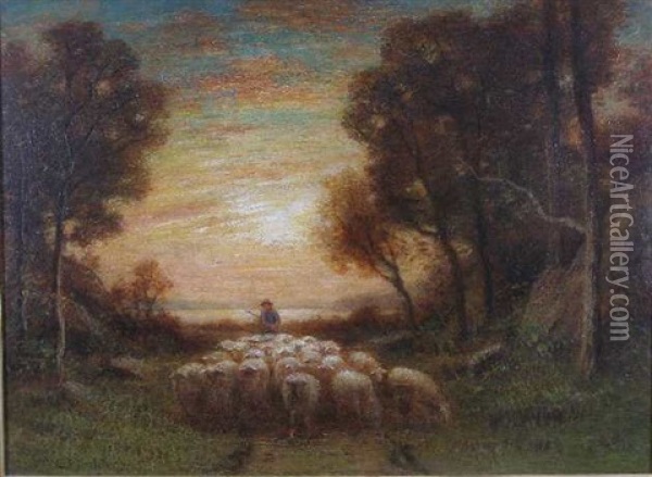 Sheep At Dusk Oil Painting - William E. Plimpton