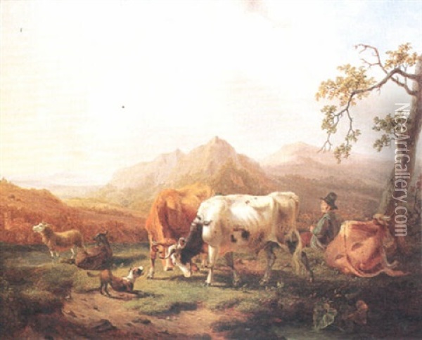 Hirte Mit Viehherde In Bergiger Fluslandschaft Oil Painting - Daniel van Oosterhoudt