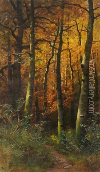 Herbst Im Birkenwald Oil Painting - Jakob Lorenz Ruedisuehli