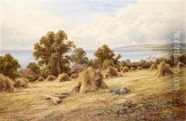 Harvest Time On The South Coast, Near Worthing, Sussex Oil Painting - Henry H. Parker