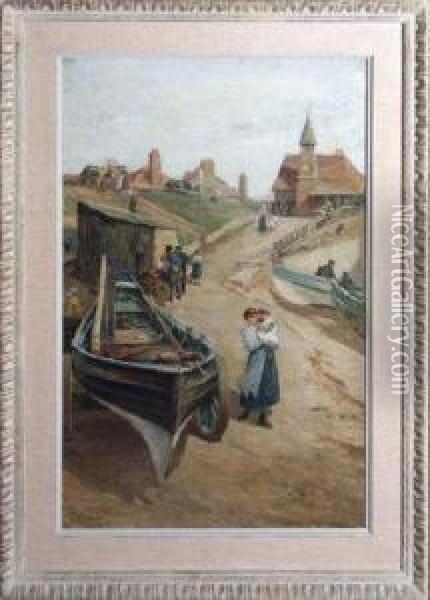 A Northern Fisher Town Oil Painting - Robert Jobling