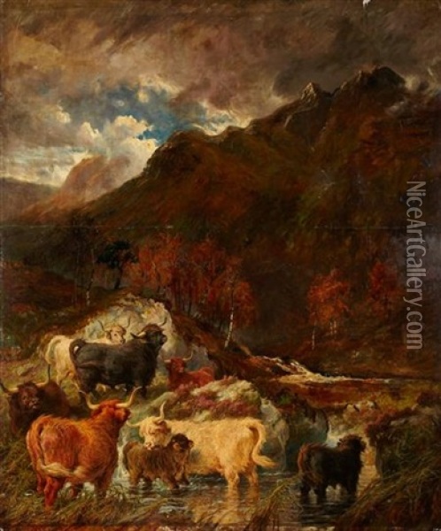Cattle Watering In A Mountain Stream Oil Painting - Gourlay Steell