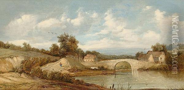 Landscape With A Figure Walking Beside A River Oil Painting - A.H. Vickers