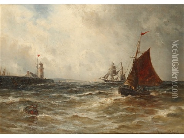 Sailing Boats Entering A Harbour, In A Choppy Sea Oil Painting - Gustave de Breanski