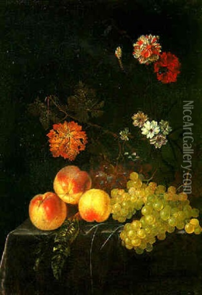 Peaches And Grapes With Carnations And Other Flowers In A Glass Vase On A Draped Ledge Oil Painting - Jacques Samuel Bernard