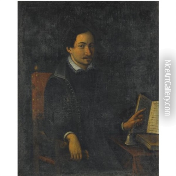 Portrait Of A Seated Man, Three Quarter Length, Wearing A Black Doublet Oil Painting - Ottavio Maria Leoni