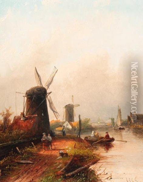 River Landscape With Windmills Oil Painting - Jan Jacob Coenraad Spohler