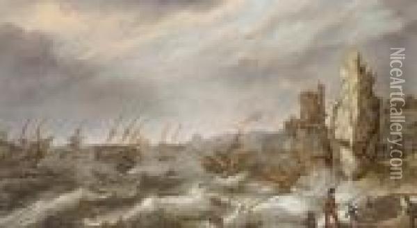 Dutch Shipping Foundering In Stormy Seas, A Village On A Rocky Outcrop Beyond Oil Painting - Abraham Willaerts