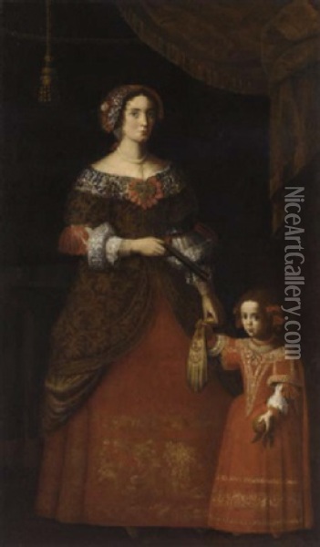 Double Portrait Of A Lady And Her Daughter In Red Embroidered Dresses, A Green Curtain Above Oil Painting - Pier Francesco Cittadini