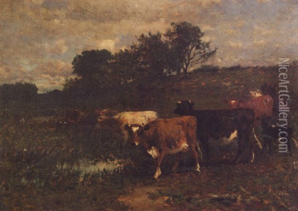 Cows Grazing In A Country Landscape Oil Painting - James McDougal Hart
