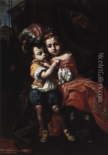 Boy And Girl Embracing In A Palatial Interior Oil Painting - Antonio Mercurio Amorosi