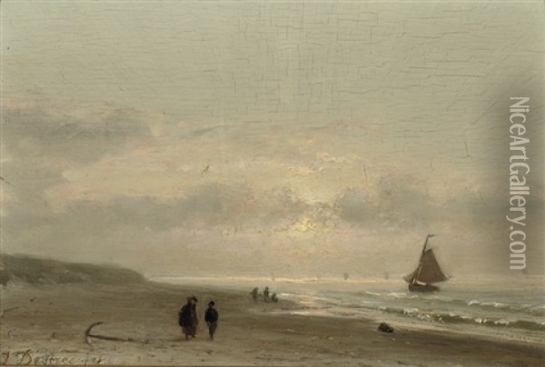 On The Beach By Sunset Oil Painting - Johannes Joseph Destree